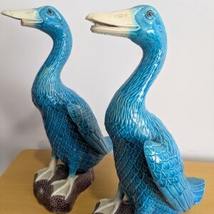 Blue Ceramic Duck Figurine Pair - Decorative Home Accent